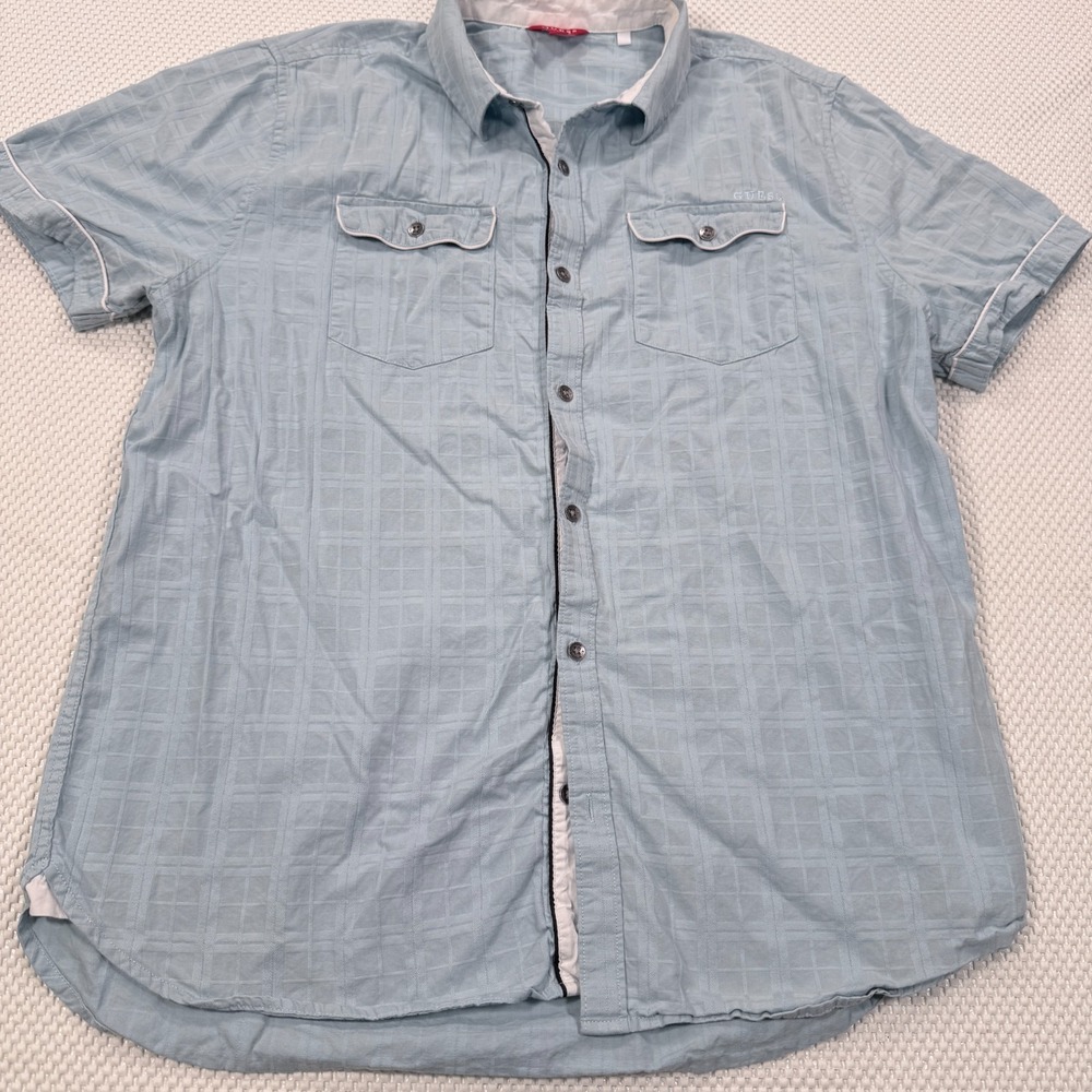 Guess Los Angeles Mens Large Light Blue Textured Grid Short Sleeve Button Shirt